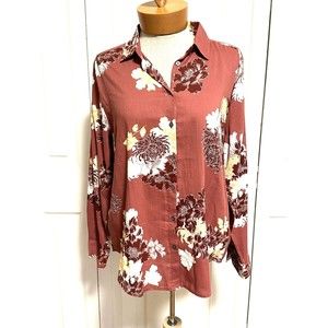 NEW Ann Taylor Factory Women’s Size Large Petite Brown Floral Long Sleeve Blouse